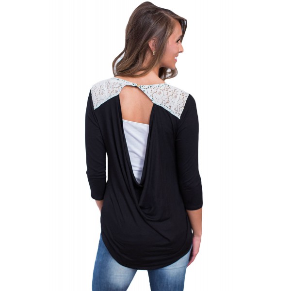 Black Lace Shoulder Low Cut Back Top