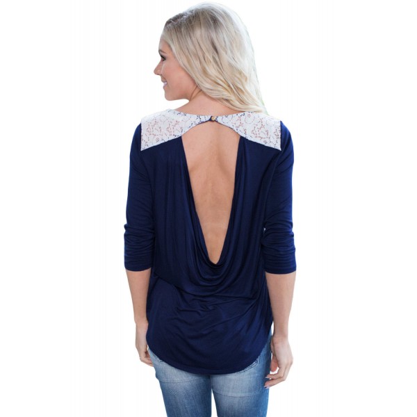 Navy Lace Shoulder Low Cut Back Top