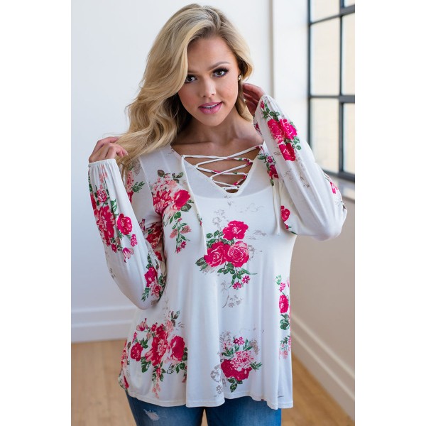 White Floral Criss Cross Long Sleeve Top