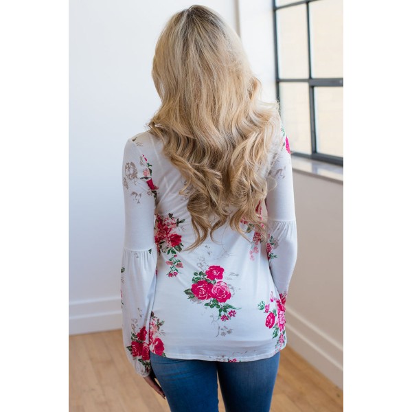 White Floral Criss Cross Long Sleeve Top