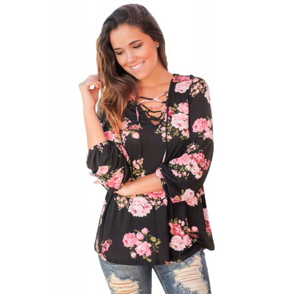 Black Floral Criss Cross Long Sleeve Top