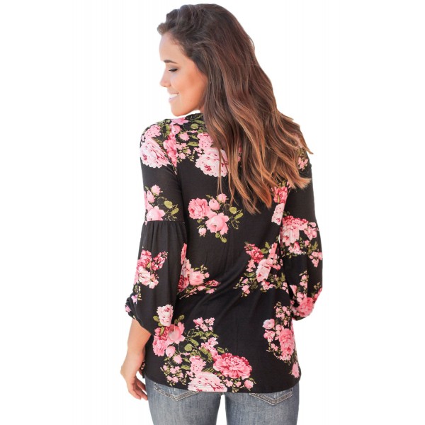 Black Floral Criss Cross Long Sleeve Top