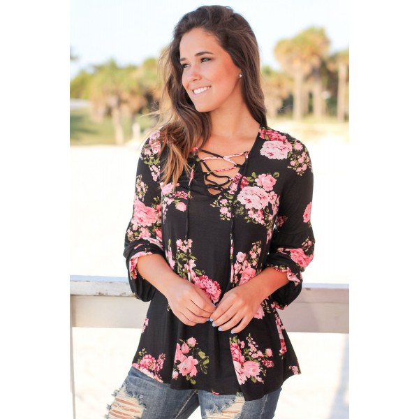 Black Floral Criss Cross Long Sleeve Top