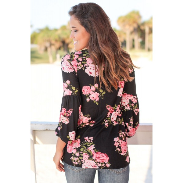 Black Floral Criss Cross Long Sleeve Top