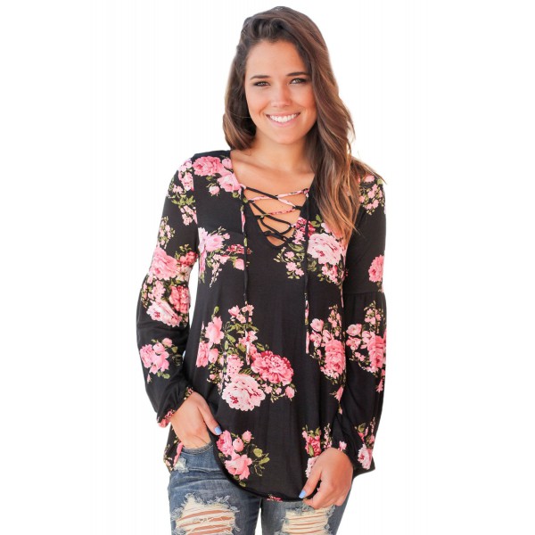 Black Floral Criss Cross Long Sleeve Top
