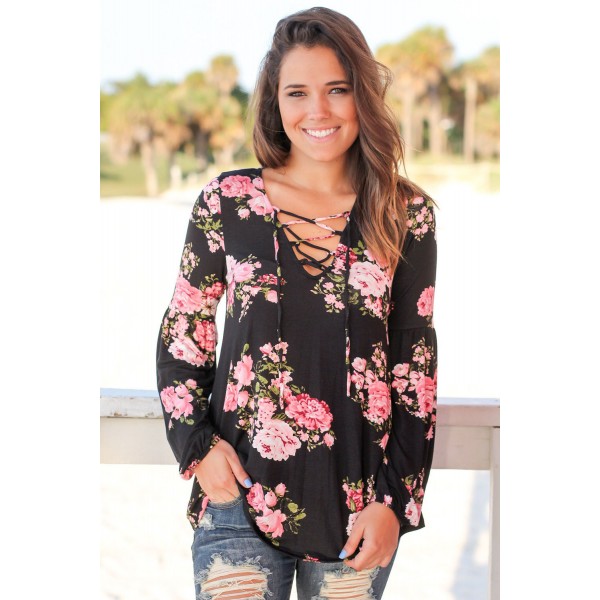 Black Floral Criss Cross Long Sleeve Top