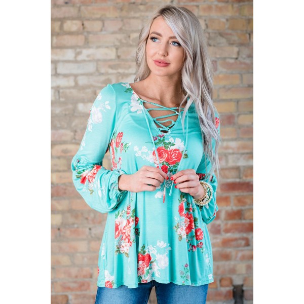 Turquoise Floral Criss Cross Long Sleeve Top