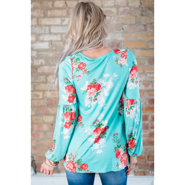 Turquoise Floral Criss Cross Long Sleeve Top