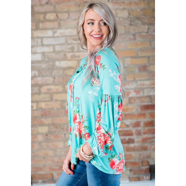 Turquoise Floral Criss Cross Long Sleeve Top