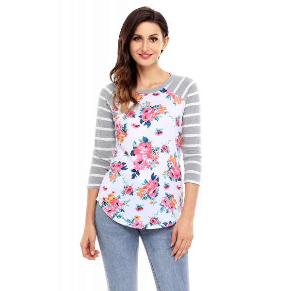 Grey Striped Sleeves White Floral Top