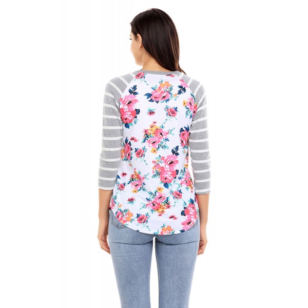 Grey Striped Sleeves White Floral Top