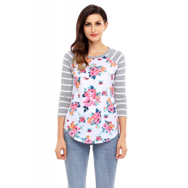 Grey Striped Sleeves White Floral Top