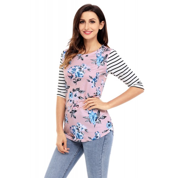 White Striped Sleeves Pink Floral Top