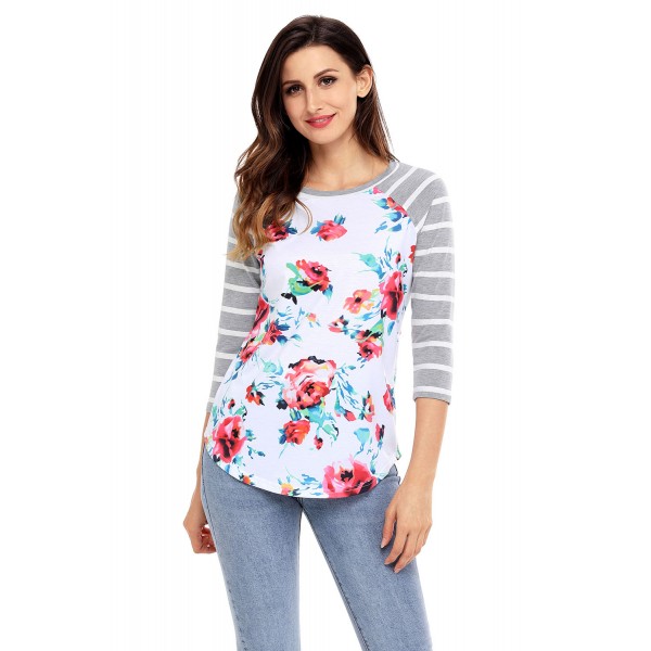 Grey Striped Sleeves Floral Top