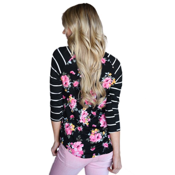 Black Striped Sleeves Floral Top