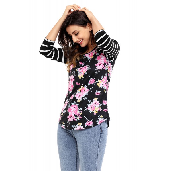 Black Striped Sleeves Floral Top