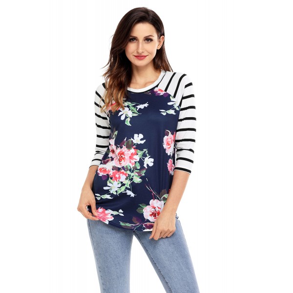 White Striped Sleeves Navy Floral Top