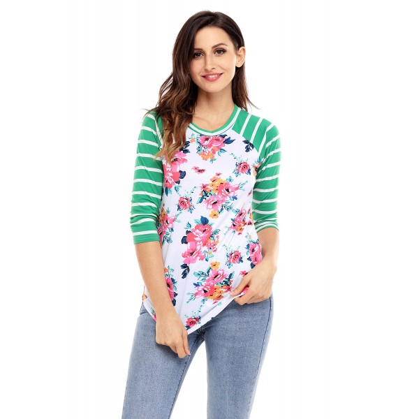 Green Striped Sleeves White Floral Top