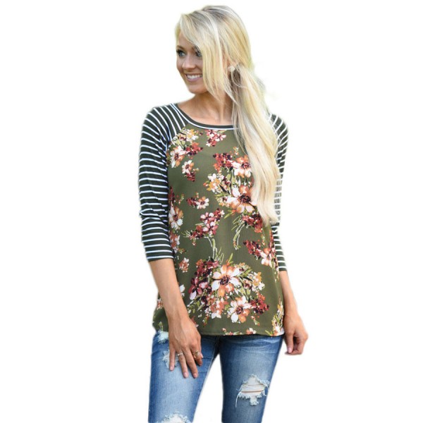 Olive Striped Sleeves Floral Top