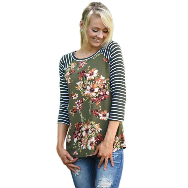 Olive Striped Sleeves Floral Top