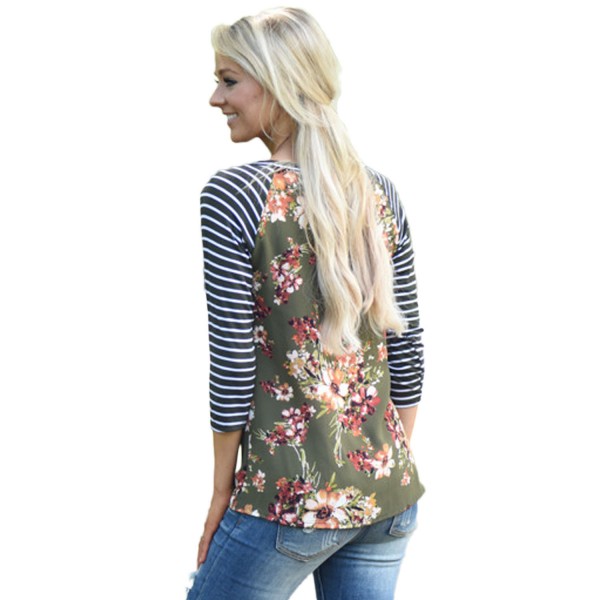 Olive Striped Sleeves Floral Top