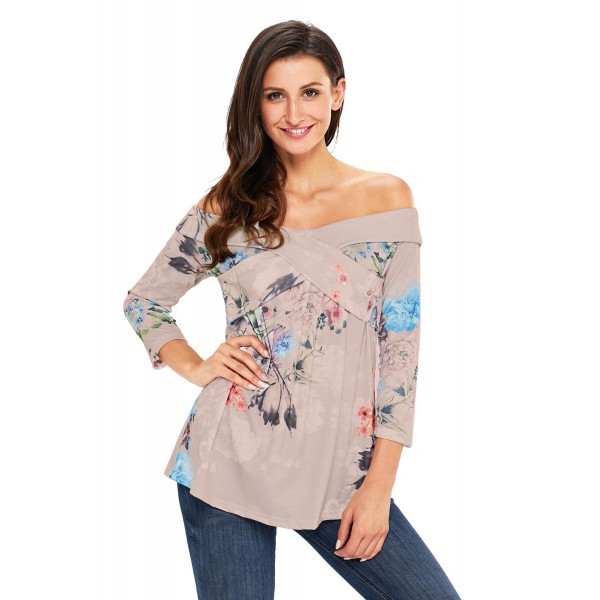 Gray Floral Off Shoulder Crisscross Top