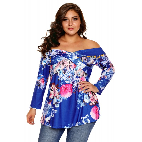 Blue Floral Off Shoulder Crisscross Top