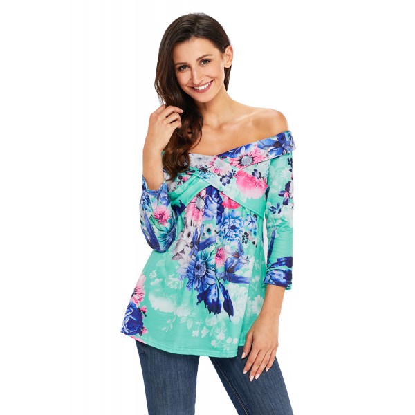 Mint Floral Off Shoulder Crisscross Top