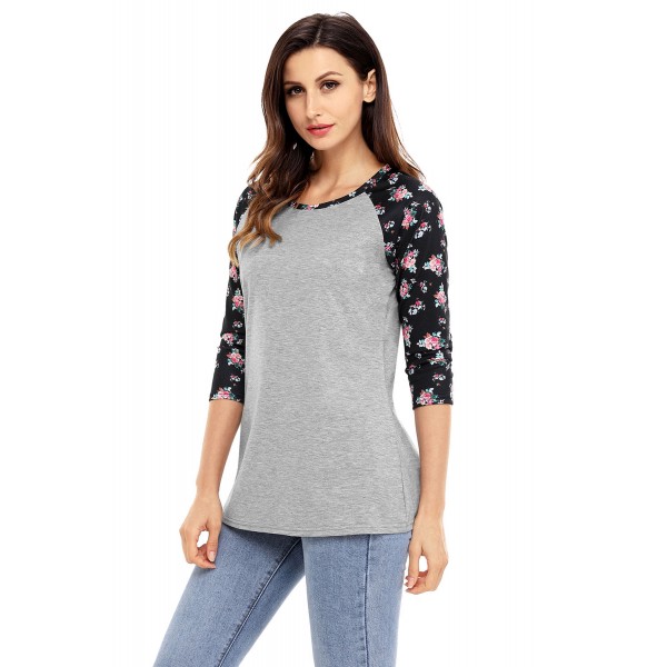 Black Floral Print Raglan Sleeve Gray Top