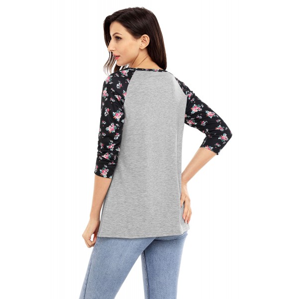 Black Floral Print Raglan Sleeve Gray Top