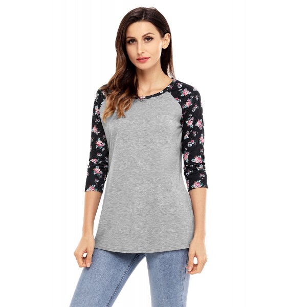 Black Floral Print Raglan Sleeve Gray Top