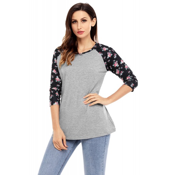 Black Floral Print Raglan Sleeve Gray Top