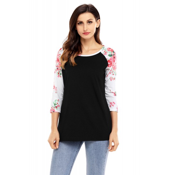 Red Print Floral Raglan Sleeve Black Top