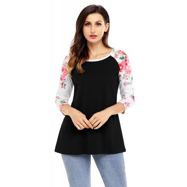 Red Print Floral Raglan Sleeve Black Top