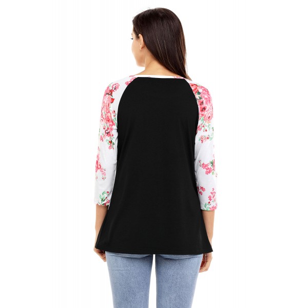 Red Print Floral Raglan Sleeve Black Top