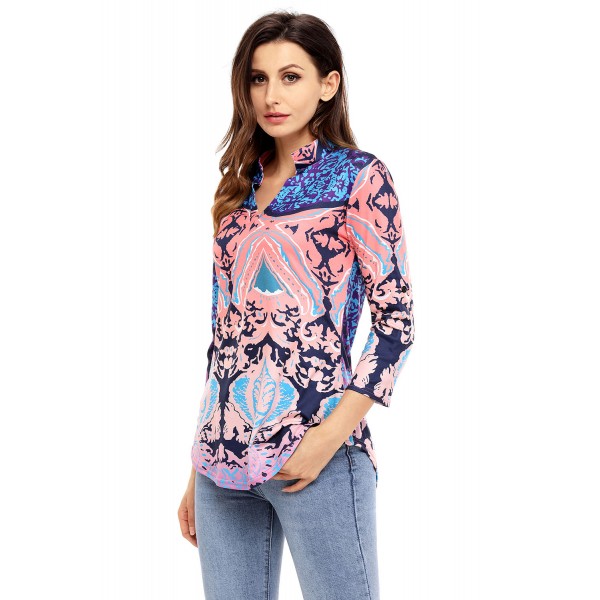 Coral Navy Easily Obsessed Damask Print Split V Neck Tunic