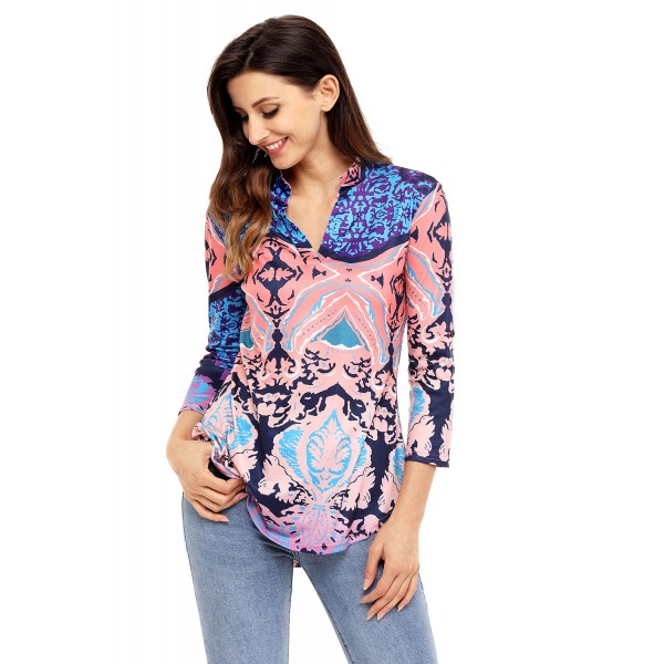Coral Navy Easily Obsessed Damask Print Split V Neck Tunic