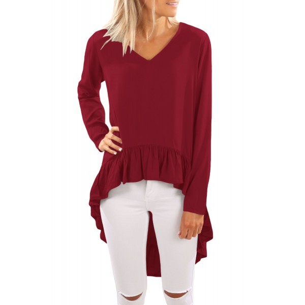 Purplish Red V Neck Longer Frilled Hemline Back Top