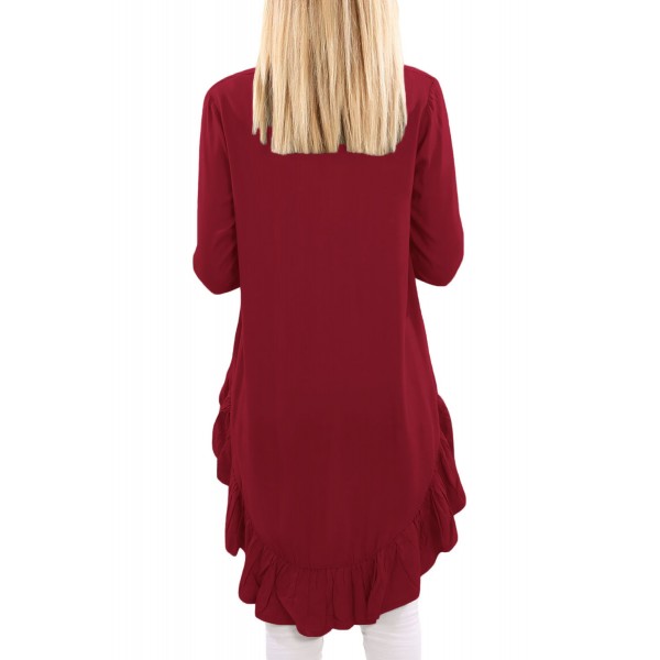 Purplish Red V Neck Longer Frilled Hemline Back Top