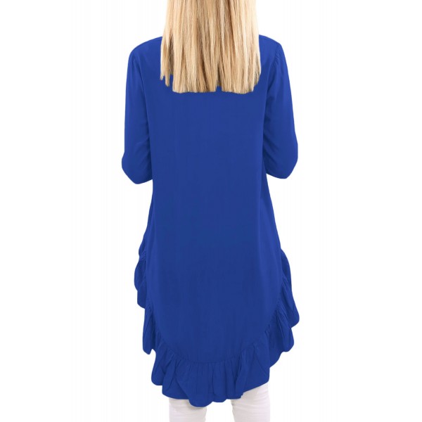 Blue V Neck Longer Frilled Hemline Back Top
