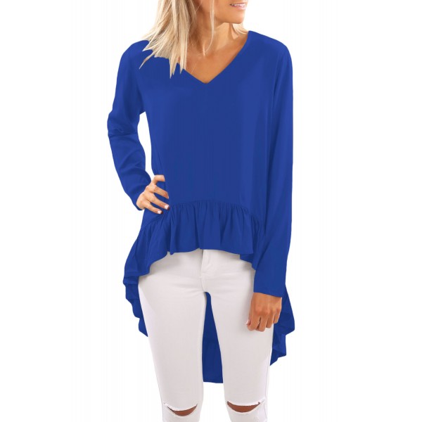 Blue V Neck Longer Frilled Hemline Back Top