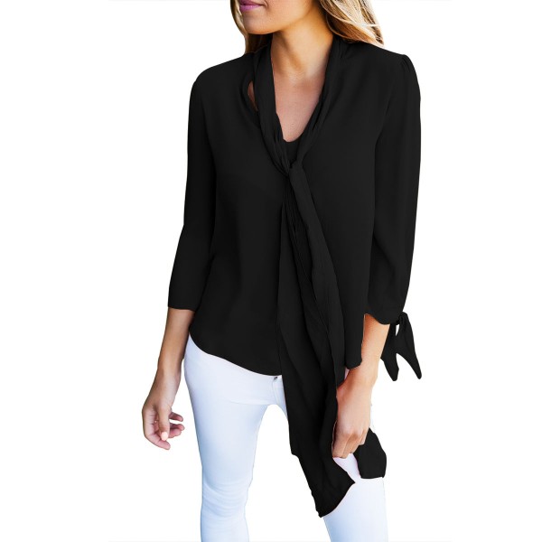 Black Bow-tie Sleeved Blouse with Necktie