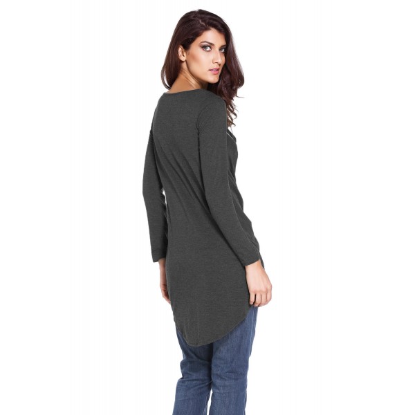 Dark Grey Lace Up Long Sleeve Ruched Pullover Shirt