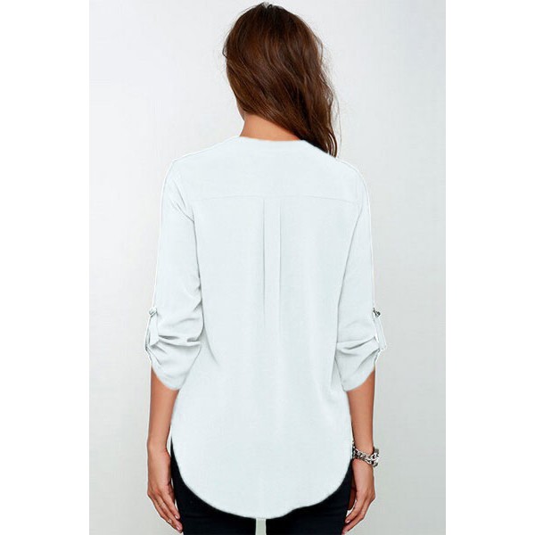 White V Neck Loose Fitting Chiffon Blouse