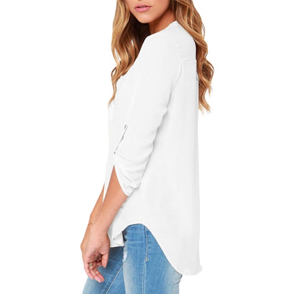 White V Neck Loose Fitting Chiffon Blouse
