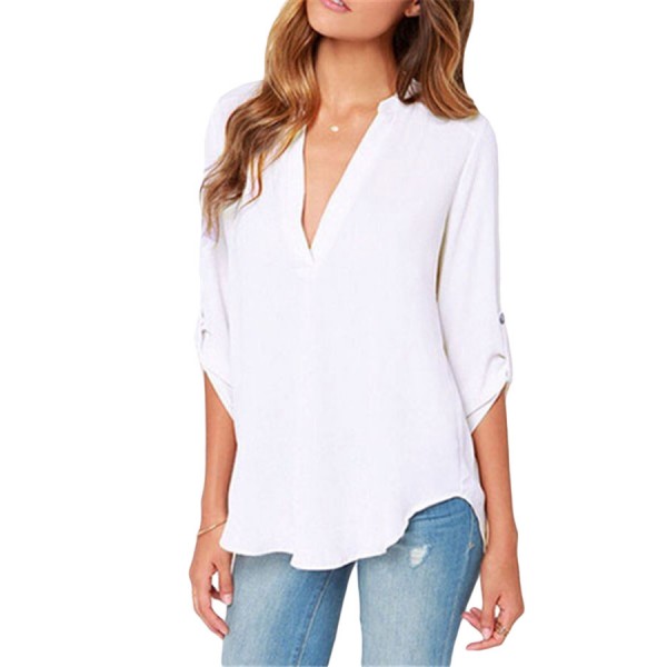 White V Neck Loose Fitting Chiffon Blouse