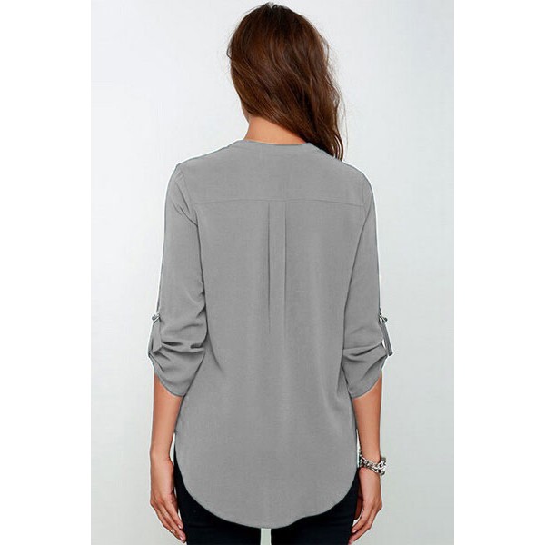 Grey V Neck Loose Fitting Chiffon Blouse