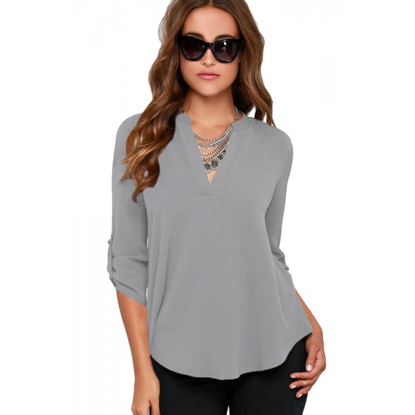 Grey V Neck Loose Fitting Chiffon Blouse