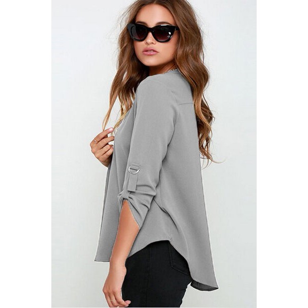 Grey V Neck Loose Fitting Chiffon Blouse