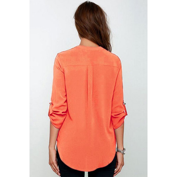 Orange V Neck Loose Fitting Chiffon Blouse